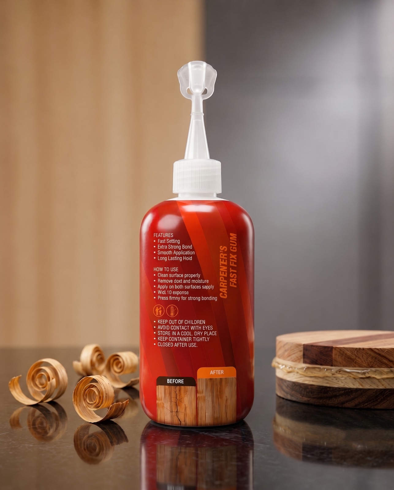 Back of the woodfix bottle showing features, how-to-use steps and the before-and-after wood repair